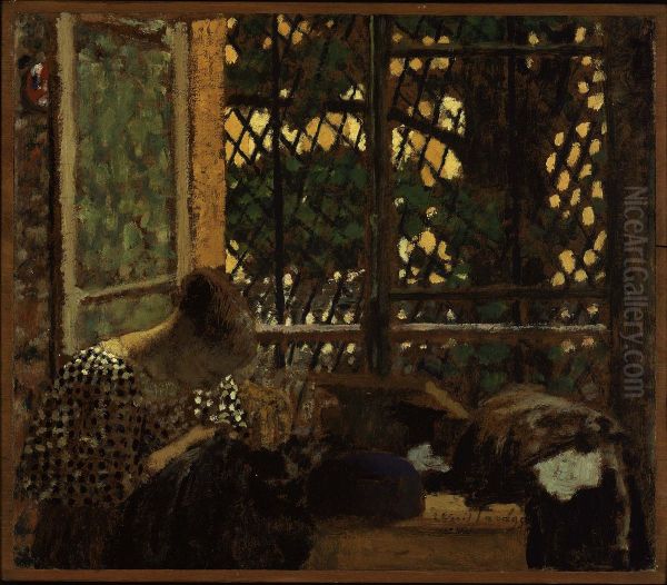 Woman Sewing before a Garden Window - view 1