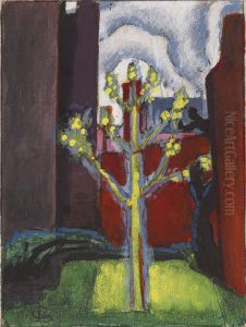Young Tree in Red Courtyard by Oscar Bluemner