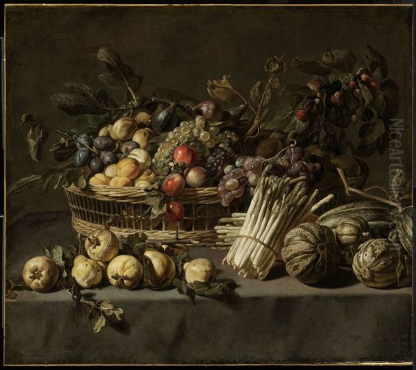Vegetables and a Basket of Fruit on a Table - view 1