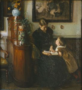 Moder skal laese. Kunstnerens hustru og barn by Viggo Johansen