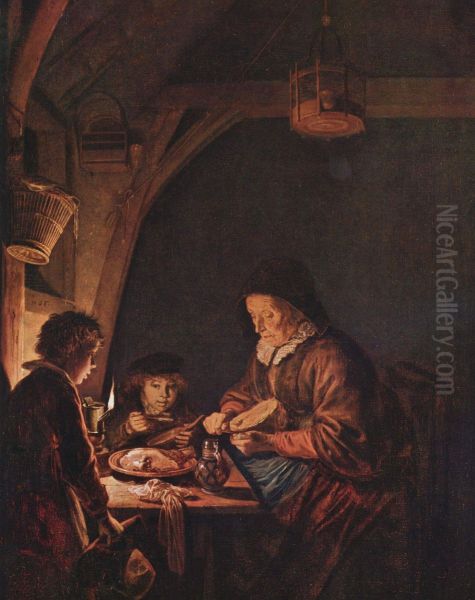 Old Woman Cutting Bread - view 1