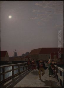 Langebro, Copenhagen, in the Moonlight with Running Figures by Christoffer Wilhelm Eckersberg
