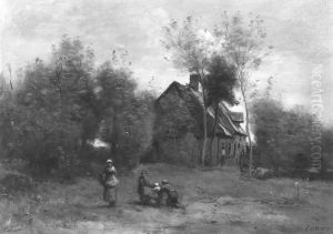 Farmyard at Sin, near Douai, with Children at Play by Jean-Baptiste Camille Corot