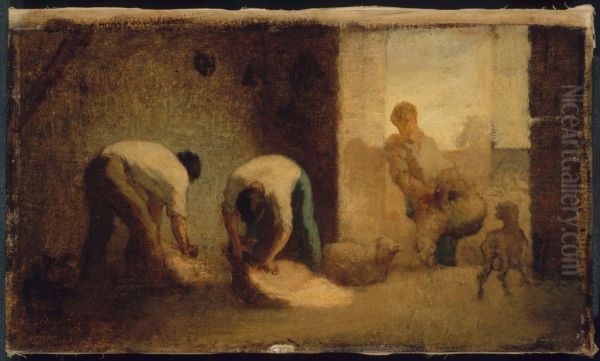 Three Men Shearing Sheep in a Barn - view 1