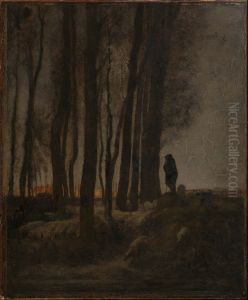 Shepherd and Flock at the Edge of the Forest, Evening by Jean-Francois Millet