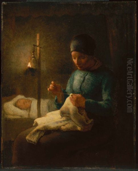 Woman Sewing beside her Sleeping Child - view 1