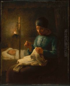 Woman Sewing beside her Sleeping Child Woman Sewing beside her Sleeping Child