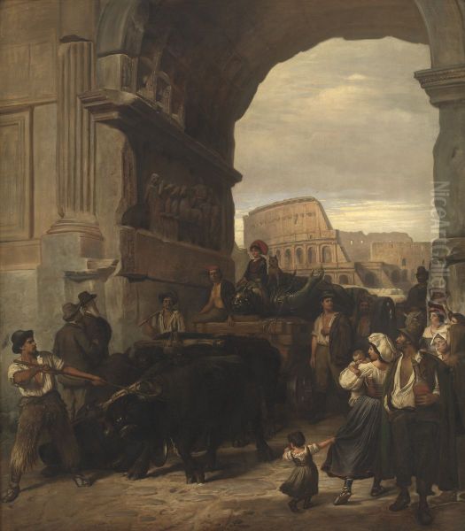 Roman Workmen Transporting an Antique Imperial Statue from the Colosseum through the Arch of Titus to the Capitoline Museums - view 1