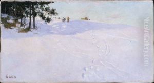 Skiers at the Top of a Snow-covered Hill by Frits Thaulow