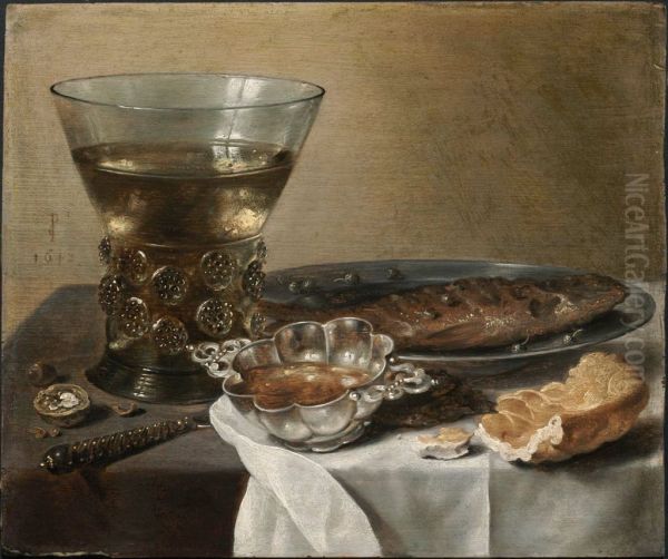 Still Life with Silver Brandy Bowl, Wine Glass, Herring, and Bread - view 1