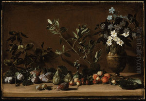 Fruit and Vase of Flowers on a Ledge Fruit and Vase of Flowers on a Ledge