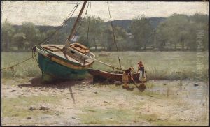 Salt Marsh Landscape with Two Children near a Beached Sailboat and Dory by Dennis Miller Bunker