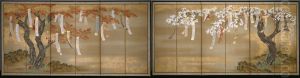 Flowering Cherry and Autumn Maples with Poem Slips by Mitsuoki, Tosa