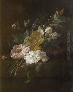 Posy of flowers on a stone ledge, with a butterfly on a stem