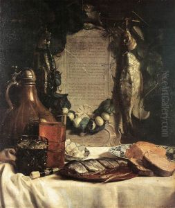 Still-Life in Praise of the Pickled Herring, with a poem by Jacob Westerbaen. by Joseph de Bray