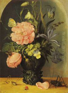 Flowers in a roemer before a niche by Roelant Savery