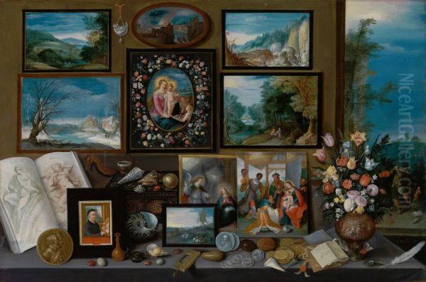 Kunstkamer met schilderijen, schelpen, munten en een boeket bloemen, met rechts kunst verwoestende ezels - view 1
