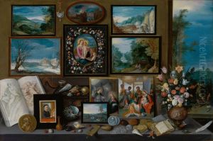 Kunstkamer met schilderijen, schelpen, munten en een boeket bloemen, met rechts kunst verwoestende ezels Kunstkamer met schilderijen, schelpen, munten en een boeket bloemen, met rechts kunst verwoestende ezels
