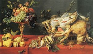 Game and fruit on a table by Frans Snyders
