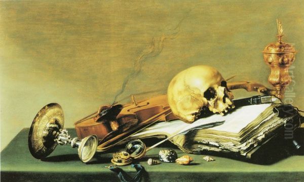 Vanitas still life with skull and beker - view 1