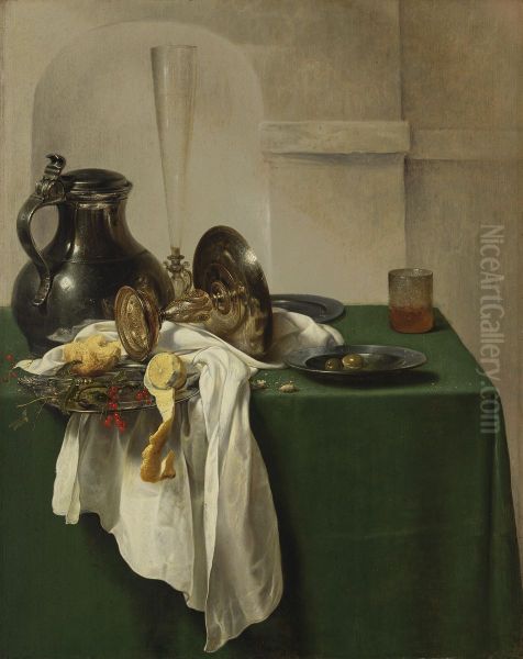 Pewter Jug and Silver Tazza on a Table - view 1