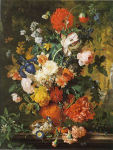 Floral still life on a marble ledge