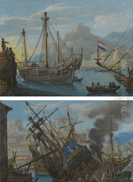A Mediterranean Harbour With A Man-of-war Being Caulked; Dutch Merchant Ships Off A Rocky Coast - view 1
