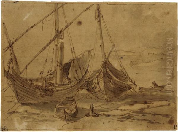 Two Small Sailing Boats And A Barge At Anchor, With A Man In A Rowing Boat To The Right - view 1