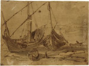 Two Small Sailing Boats And A Barge At Anchor, With A Man In A Rowing Boat To The Right by Abraham Casembroot
