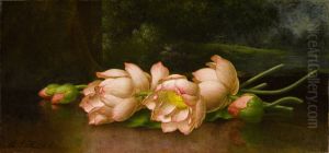 Lotus Flowers with a Landscape Painting in the Background by Martin Johnson Heade
