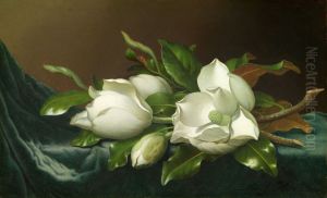 Magnolias on Light Blue Velvet Cloth
