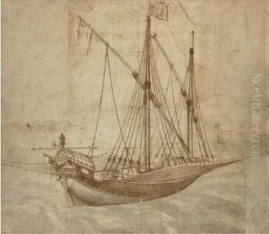 An Elegant Galley With Oars Shipped