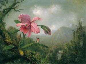 Orquidea y colibri cerca de una cascada de montana by Martin Johnson Heade