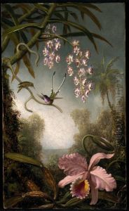 Orchids and Spray Orchids with Hummingbird by Martin Johnson Heade