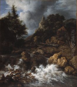 Waterfall with a Half-Timbered House and Castle by Jacob Van Ruisdael
