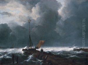 Schepen in een storm voor de kust met midden voor een golfbreker met een baken
