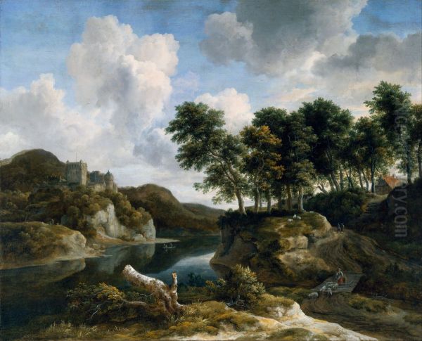 Paysage fluvial avec un chateau sur une falaise elevee - view 1
