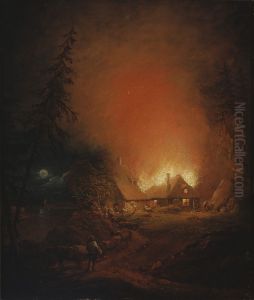 Fire at night in a farmhouse by Aleksander Laureus