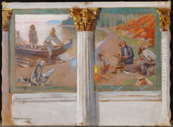 Lonnrot and Rune Singers, Sketch Paintings on the Walls of the University of Helsinki Festival Hall - view 1