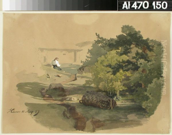 Landscape with Shingle Basket and Woman Sitting - view 1