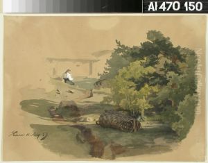Landscape with Shingle Basket and Woman Sitting