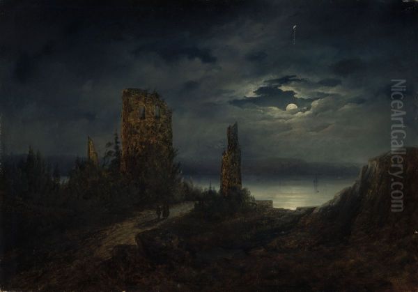 Stegeborg Castle ruins by moonlight - view 1