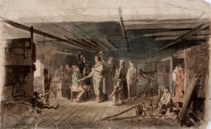 Varvays hamalaisessa talonpoikaistuvassa, luonnos venalaiselle kruununperijalle 1851 maalattuun oljymaalaukseen. by Robert Wilhelm Ekman