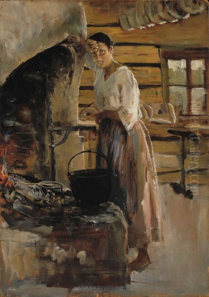 Woman Cooking Whitefish ; Woman grilling fish - view 1