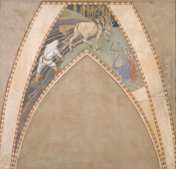 Ilmarinen ploughing the Viper-field, Sketch for the cupola frescos of the Finnish Pavilion in Paris - view 1