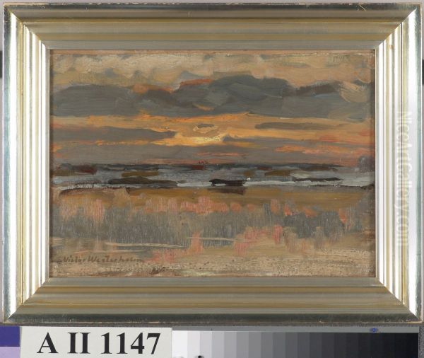 Aurinko laskee pilveen merenrannalla - view 1