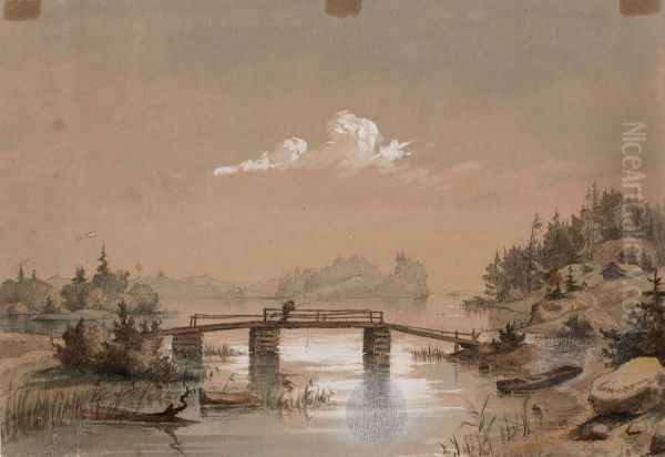 Lake Landscape, Man Angling on a Bridge - view 1