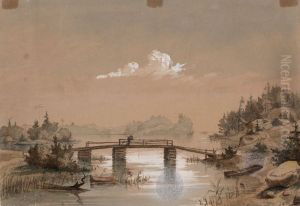 Lake Landscape, Man Angling on a Bridge