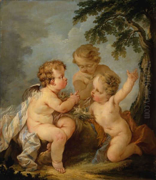 Three amorins playing with a bird's nest - view 1