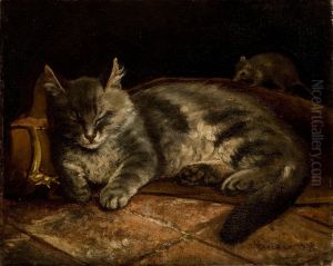 Nukkuva harmaa kissa ja rotta by Adolf von Becker